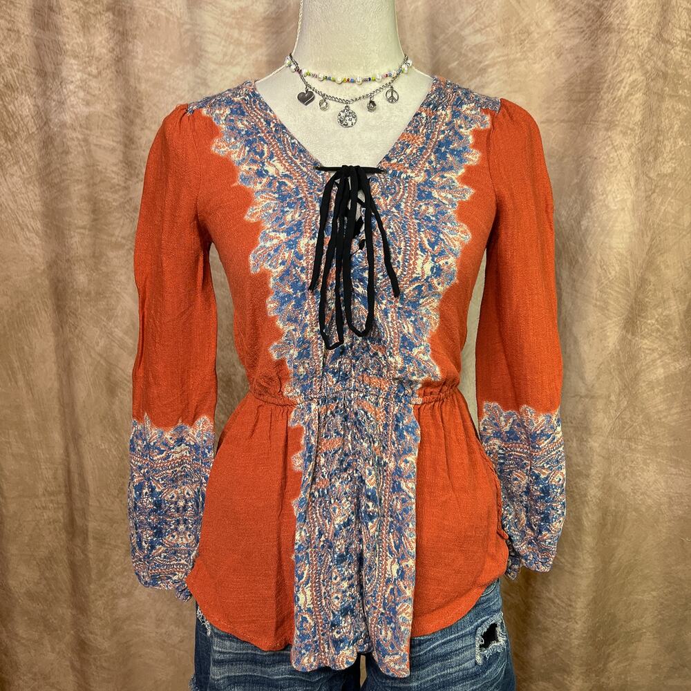 Free People Wildest Moments Lace Up Tunic Smock Top Peasant Blouse Boho Hippie